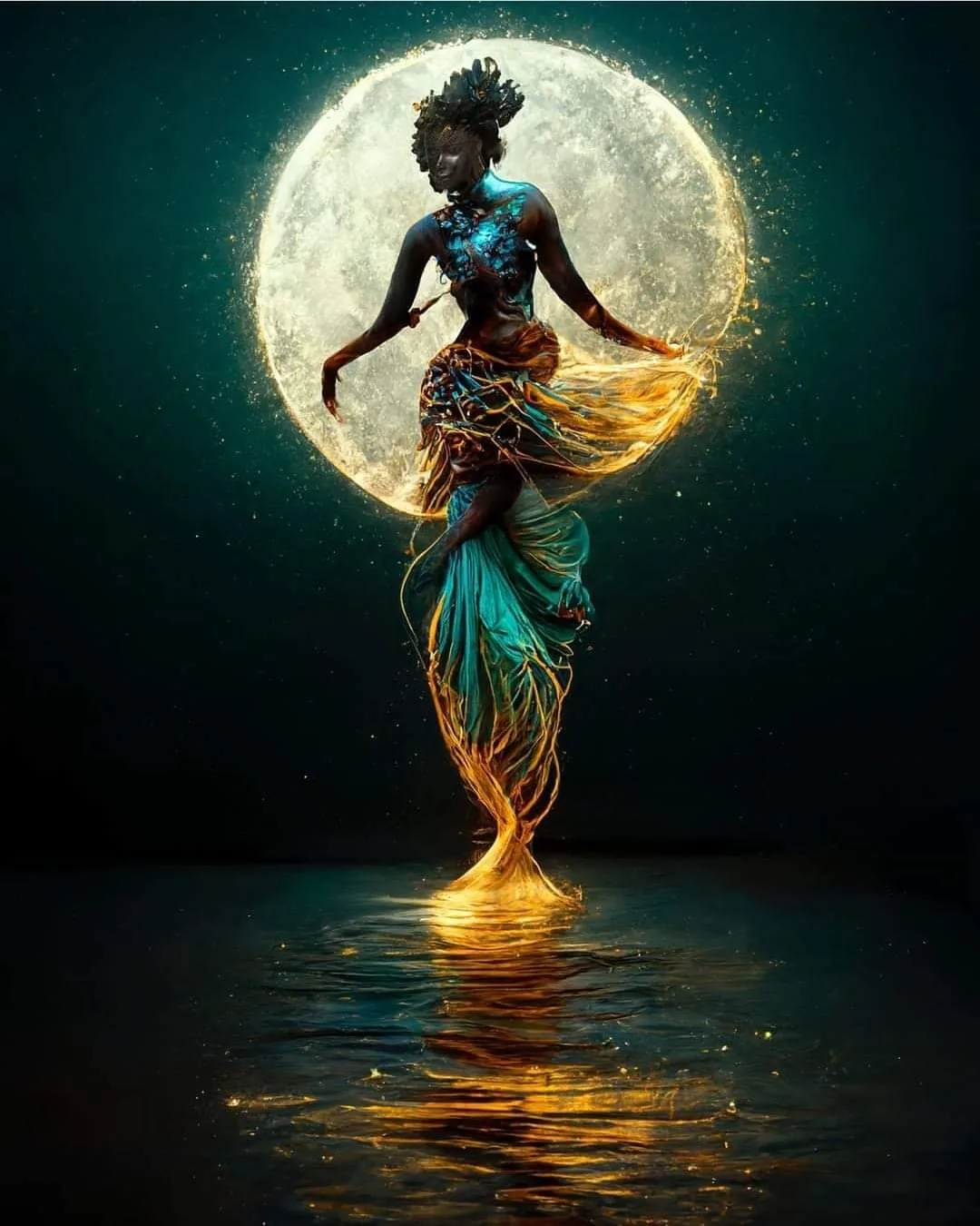 Figura femenina danzando sobre el agua delante de la luna llena