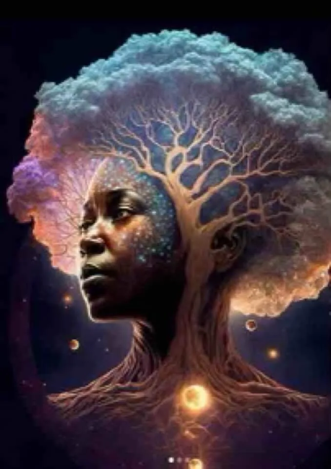 Rostro de mujer fundido con un árbol de la vida bajo un cielo estrellado